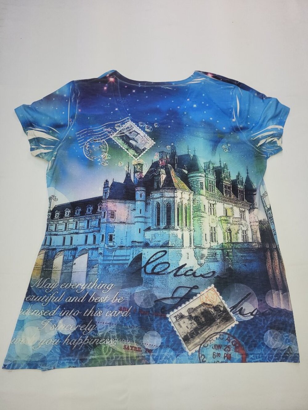 Creation Women’s Blue Paris Cityscape Graphic Top Short Sleeve Lightweight - Picture 3 of 9